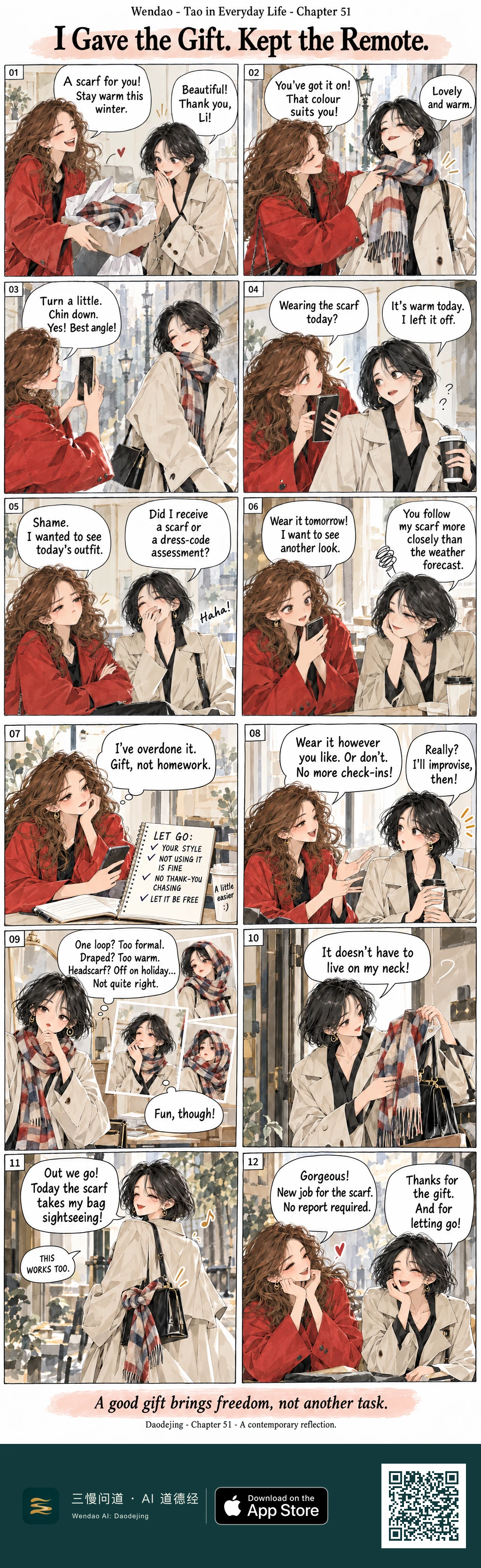 Two-page, twelve-panel watercolor fashion comic about Li, a woman in a red coat with long curly brown hair, and her black-bobbed friend in a cream trench coat. Li gives her a grey-and-red plaid scarf, adjusts it, photographs her wearing it, and repeatedly asks about future outfits. Her friend jokes that the gift feels like a dress-code assessment and that Li tracks the scarf more closely than the weather forecast. Li later reflects beside a handwritten "LET GO" notebook, tells her friend there will be no more check-ins, and gives her freedom to wear the scarf however she likes or not at all. The friend experiments with several scarf styles, then ties it to her black handbag and takes it out "sightseeing." In the final panel, Li praises the scarf's new job and says no report is required; her friend thanks her both for the gift and for letting go.
