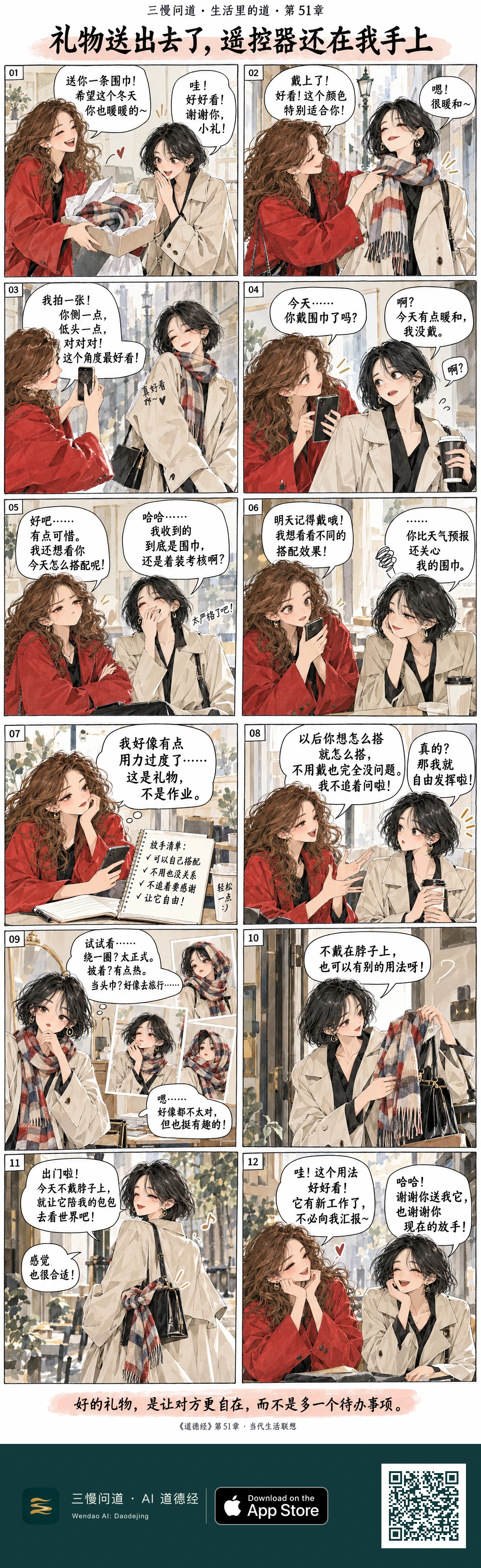 红外套的小礼送朋友一条格纹围巾,却不断检查搭配、拍照和穿戴。朋友笑称像着装考核。小礼写下放手清单,说明可以自由使用;朋友试过几种戴法后,把围巾系在包上。小礼欣赏它的新用途,两人笑着接受礼物不必附带汇报。底部为三慢问道 App Store 标识与本篇 H5 二维码。