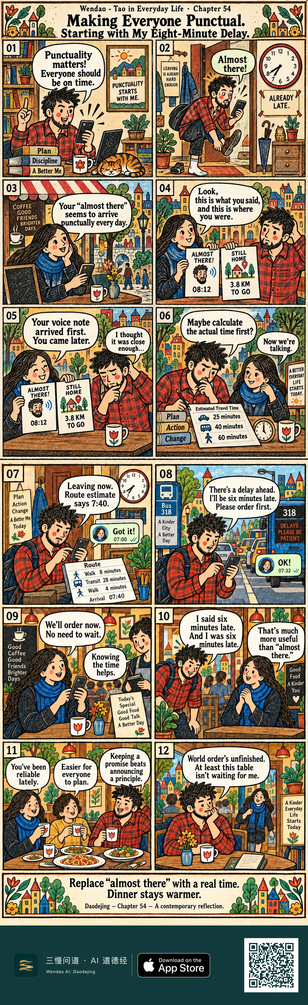 A two-page, twelve-panel folk-print comic follows a bearded, spiky-haired man in a red plaid shirt and a long-haired woman in a blue scarf. He begins by preaching punctuality beside books labeled "Plan," "Discipline," and "A Better Me," while an orange cat sleeps nearby, but the next panel catches him still putting on a shoe while messaging "Almost there!" His friend later shows him a timestamped "ALMOST THERE!" note beside evidence that he was still home with 3.8 km to go. He switches to using actual travel estimates, leaves with a stated 7:40 arrival, reports a six-minute transit delay, and gives his friend enough information to order without waiting. Later he arrives exactly six minutes late, becomes more reliable over repeated meetings, and finally sits at the table before his friend arrives, joking, "World order's unfinished. At least this table isn't waiting for me." The closing banner reads, "Replace 'almost there' with a real time. Dinner stays warmer," followed by "Daodejing - Chapter 54 - A contemporary reflection."