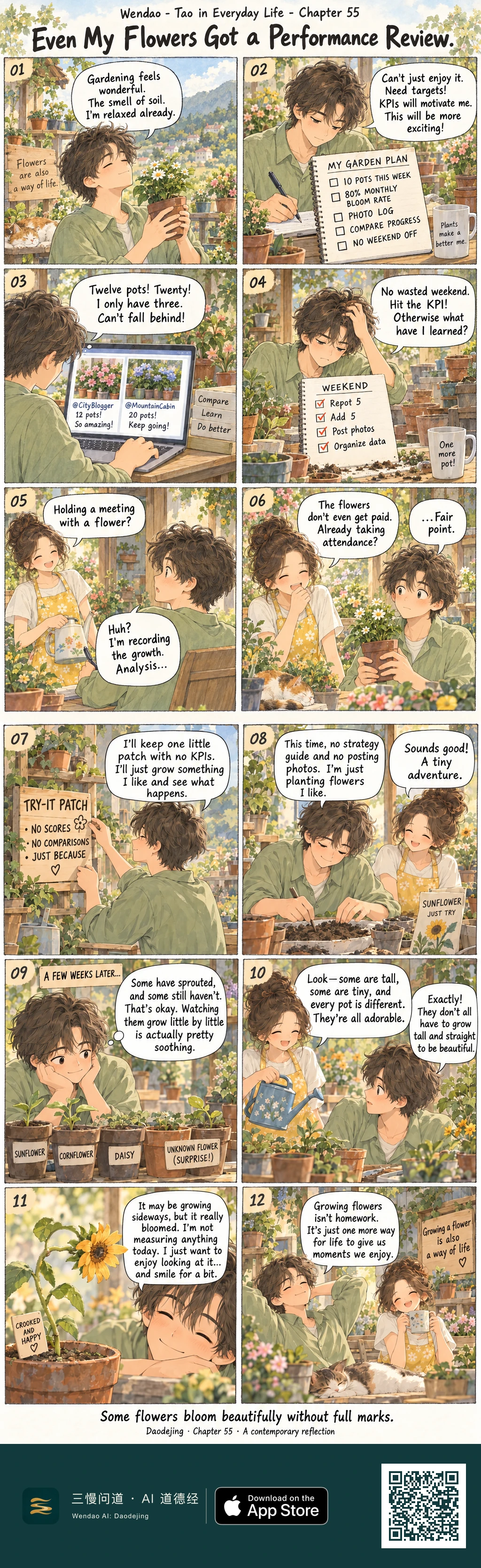 Two-page, twelve-panel pastoral watercolor comic set in a sunlit garden. A brown-haired young man in a green shirt begins happily holding a flowerpot, then turns gardening into a KPI system with a notebook, social-media comparisons, weekend tasks, progress tracking, and pots everywhere. A cheerful woman in a yellow floral apron jokes that the unpaid flowers are already having attendance taken. On the second page he creates a wooden "TRY-IT PATCH" with no scores or comparisons, plants flowers simply because he likes them, and watches sunflower, cornflower, daisy, and mystery pots develop at different speeds. The woman waters the uneven plants, a crooked sunflower blooms beside a "CROOKED AND HAPPY" note, and the story ends with the man relaxing, the woman laughing with a mug, and a cat asleep among the flowers. The closing line reads, "Some flowers bloom beautifully without full marks."