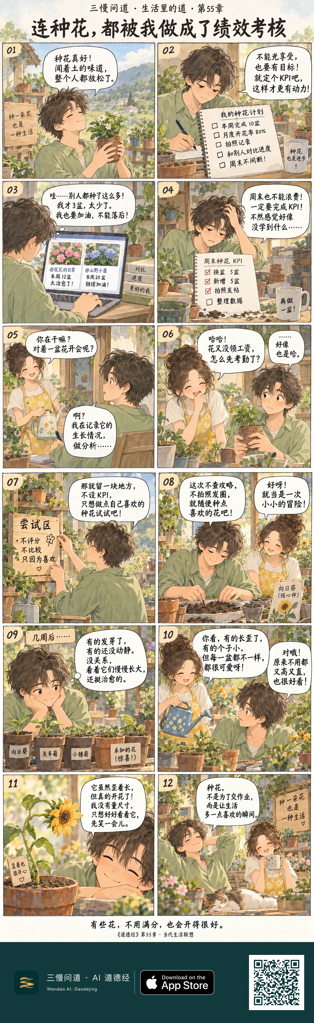 小闲把种花做成KPI,记录开花率、比较盆数,还给周末排任务。朋友笑他给没领工资的花考勤。他改设“不评分”的尝试区,随兴种植。几周后,一朵歪向日葵开了,他没量尺寸,只先笑了。底部为三慢问道 App Store 标识与本篇 H5 二维码。