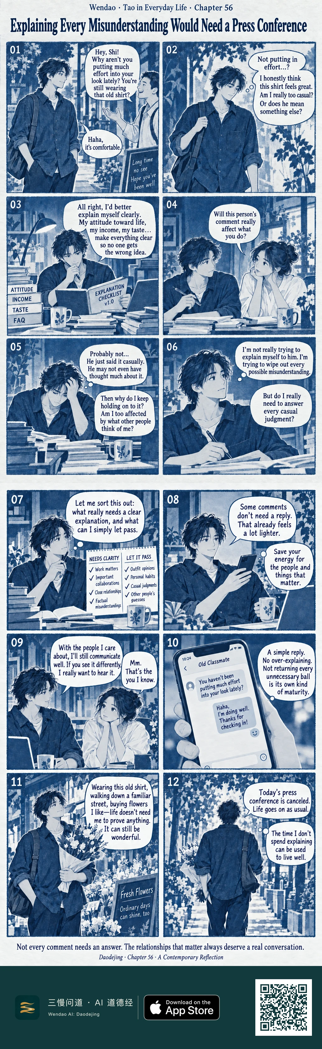 Two-page Prussian-blue cyanotype comic about Shi, a tousle-haired man in a dark button shirt. After an acquaintance comments on his old shirt, Shi overthinks the remark, builds an "EXPLANATION CHECKLIST v1.0" among books labeled "ATTITUDE," "INCOME," "TASTE," and "FAQ," and is challenged by a woman in a white blouse to ask whether the opinion actually affects his life. He later sorts concerns into "NEEDS CLARITY" and "LET IT PASS," gives an old classmate a brief friendly phone reply instead of a long defense, tells the woman he still wants honest conversation with people he cares about, buys a bouquet while wearing the same shirt, and walks away under the closing thought that today's press conference is canceled and life goes on.