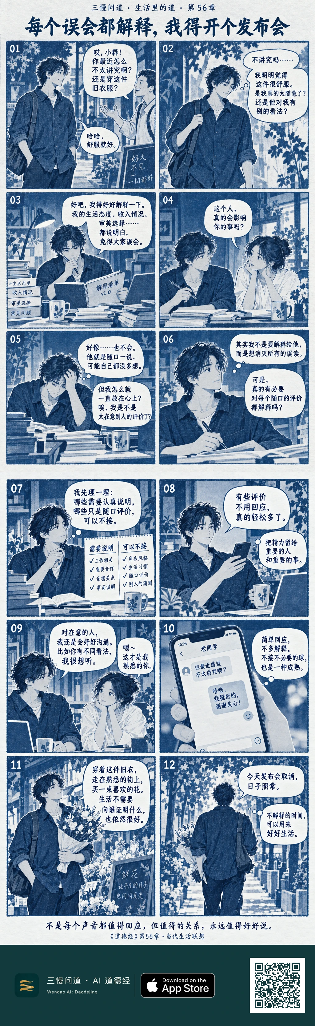 小释因旧衣被熟人评价“不讲究”,回家准备大量资料解释自己。伴侣一句追问让他发现自己只想消灭所有误读,于是区分必须说明与可以不接的事,最后穿旧衣买花回家:“今天发布会取消,日子照常。”底部为三慢问道 App Store 标识与本篇 H5 二维码。