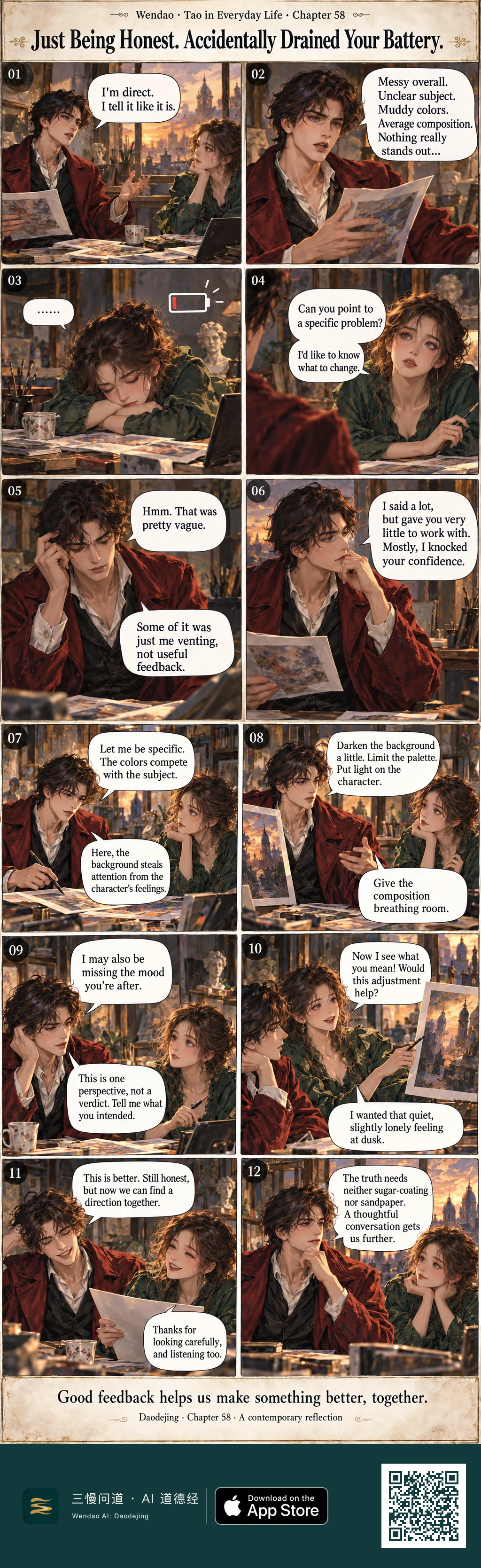 A two-page, twelve-panel Romanticism-style comic set in a warm golden artist's studio. A tousled dark-haired man in a red velvet coat critiques a curly-haired woman in a green dress. His vague negative comments leave her slumped over a table beneath an empty battery icon. She asks for a specific problem, prompting him to admit that his earlier remarks were vague and partly venting. He then points to the painting and discusses background color, palette, lighting, and composition while acknowledging that he may not understand her intended mood. She explains that she wants a quiet, slightly lonely feeling at dusk, and the two end up smiling and examining the artwork together. The final panel shows them seated peacefully in the sunset-lit studio beside a line about truth needing neither sugar-coating nor sandpaper, followed by the footer: "Good feedback helps us make something better, together."