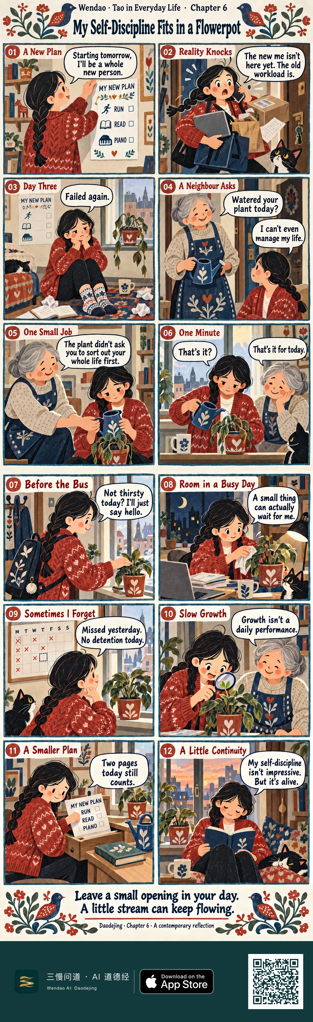 A two-page, twelve-panel Nordic folk-art comic with grainy paper texture, floral bird decorations, and a cozy apartment setting. A braided young woman in a red cardigan begins with a large RUN, READ, and PIANO checklist, then arrives overwhelmed by work, bags, packages, and a phone call. By day three she sits among crumpled papers beside a wilting plant in a red heart pot. A gray-haired neighbour in a blue floral apron offers a watering can and suggests caring for the plant without first fixing her whole life. The young woman waters it briefly, later checks whether it is thirsty, wipes a leaf during a busy evening, misses a calendar day without punishment, inspects a new leaf with a magnifying glass, scales her reading goal down to two pages, and ends reading peacefully at sunset beside the plant and a sleeping black-and-white cat.