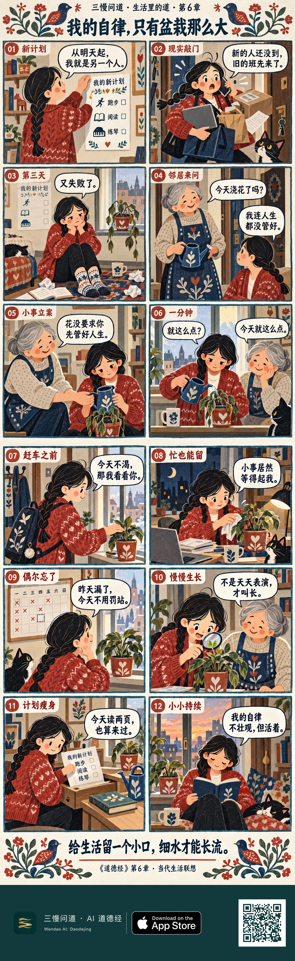 十二格北欧民俗漫画:小禾的大自律计划被忙碌打断,奶奶让她先照看小盆栽。她学会按需要浇水、擦叶、允许偶尔漏掉,最终留下阅读和照料植物的小习惯。底部为三慢问道 App Store 标识与本篇 H5 二维码。