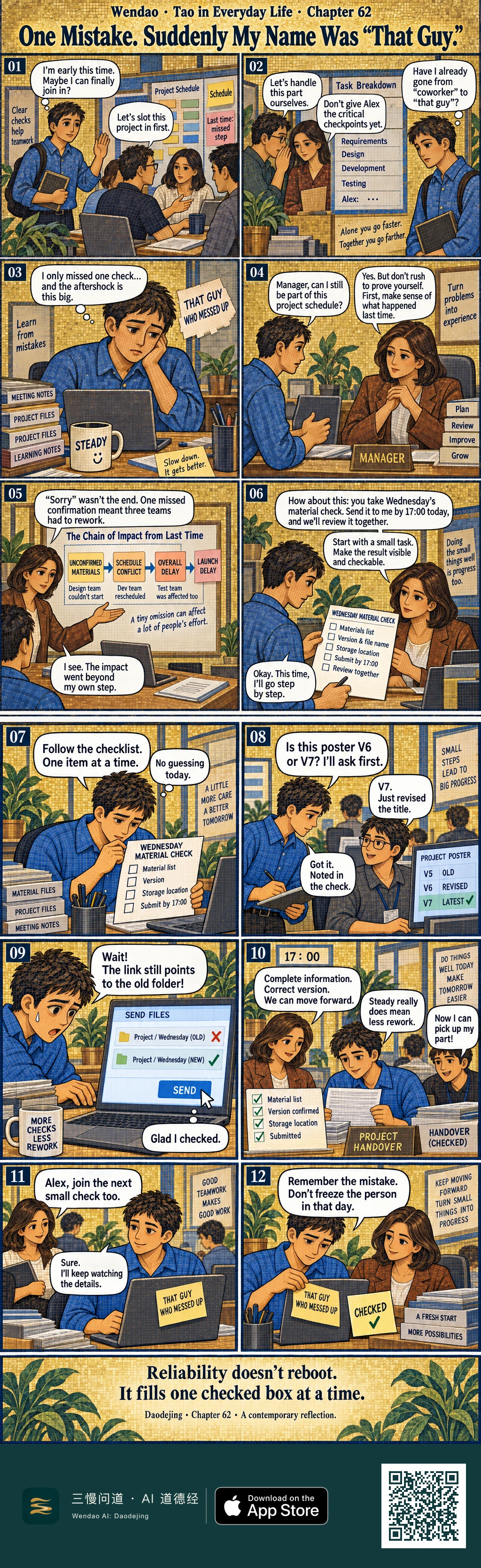 A two-page, twelve-panel Byzantine-style gold mosaic office comic follows Alex, a young man in a blue shirt, after a previous missed check has made coworkers cautious about giving him important work. He reviews the earlier chain of consequences with his brown-suited manager, accepts a small Wednesday material-check task, confirms that a poster is V7 rather than guessing, catches an outdated folder link just before sending, and completes a checked handover by 17:00. The manager then invites him into the next small check. In the final panel, Alex removes the "THAT GUY WHO MESSED UP" label as a new "CHECKED" note and books marked "A FRESH START" and "MORE POSSIBILITIES" suggest that trust is being rebuilt through repeated, verifiable actions.
