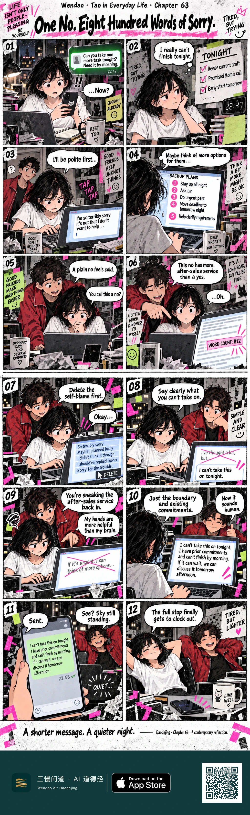 A two-page, twelve-panel Punk DIY comic set in a cluttered night studio. A young woman with a short black bob and white T-shirt receives a 22:47 request to finish another task by morning. Although her checklist is already full, she drafts a long apology and a five-item list of backup plans while her red-jacketed friend watches. He jokes that her refusal has more after-sales service than a yes, as the screen shows a word count of 812. On the second page, they delete her self-blaming lines, cross out extra offers of help, and reduce the reply to a clear boundary about existing commitments and a possible discussion tomorrow afternoon. She sends it at 22:58; the room becomes quiet, her friend says the sky is still standing, and the final panel shows them leaning back in relief beside a dark phone and a "LIVE WELL" mug as she says, "The full stop finally gets to clock out."