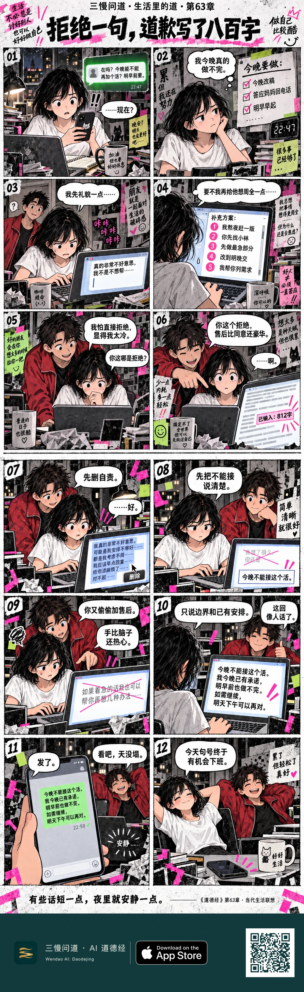 深夜被临时加活,小不把一句拒绝写成812字,还附五套善后方案。朋友提醒她删掉自责和过度补偿,只说明不能接、已有安排与可行时间。消息发出后手机安静,两人终于松下来。底部为三慢问道 App Store 标识与本篇 H5 二维码。