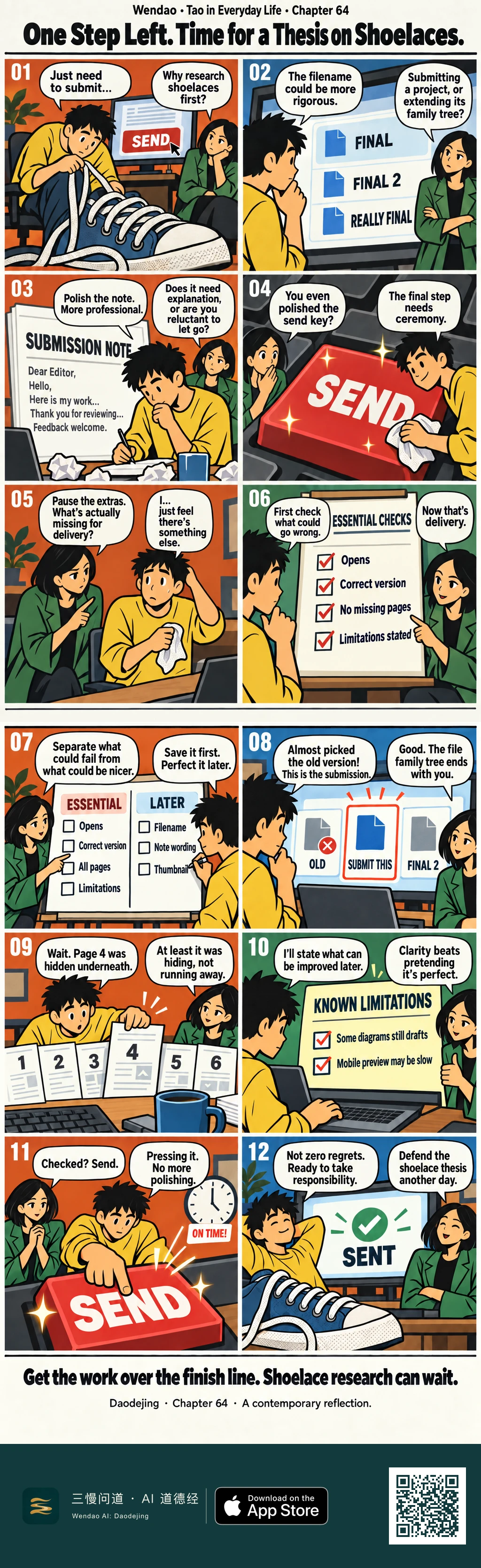 A twelve-panel flat-color comic follows a black-haired man in a yellow shirt and his black-bobbed friend in a green jacket as a nearly finished submission gets delayed by shoelaces, proliferating filenames, an overworked submission note, and even polishing a giant red SEND key. The friend redirects him toward essential delivery checks: opening the file, confirming the correct version, finding every page, and stating known limitations. He catches an old file and a hidden page 4, records two remaining limitations, presses SEND on time, and relaxes beside the giant sneaker while his friend jokes that the shoelace thesis can be defended another day.