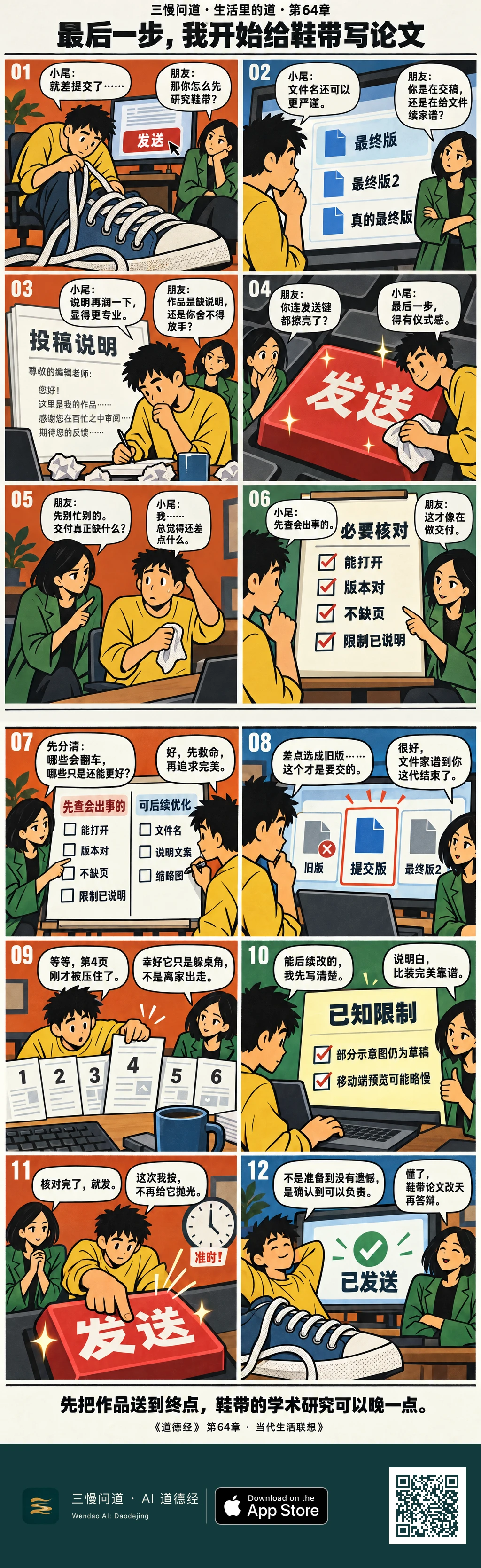 小尾作品已完成,却忙着研究鞋带、改文件名、润说明、擦发送键。朋友带他区分关键核对与后续优化,查出旧版和被挡住的第4页,写明已知限制后准时发送,最后以“鞋带论文改天答辩”收尾。底部为三慢问道 App Store 标识与本篇 H5 二维码。