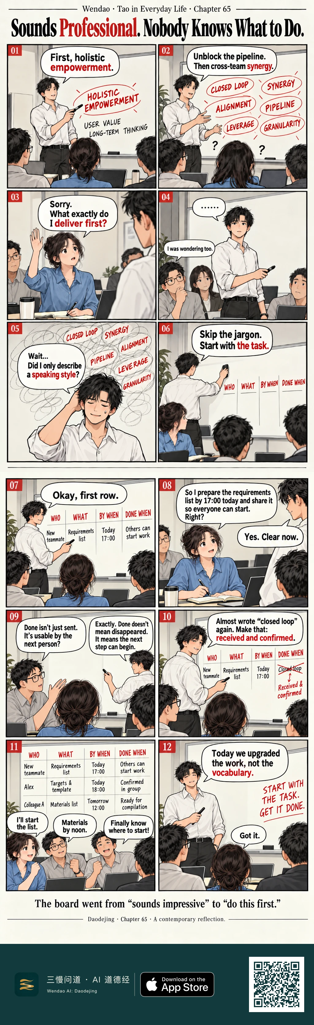 Two-page, twelve-panel office comic in a cream, black, and red editorial style. A black-haired leader in a white shirt fills a whiteboard with terms such as "holistic empowerment," "synergy," and "pipeline" while his seated coworkers look confused. A woman in a blue blouse asks what she should deliver first, a glasses-wearing coworker admits he is wondering the same thing, and the leader realizes he may have described only a speaking style. He replaces the jargon with a four-column task board labeled "WHO," "WHAT," "BY WHEN," and "DONE WHEN." The team restates assignments, clarifies that completion should enable the next step, and watches the leader cross out "closed loop" in favor of "received and confirmed." The final board contains concrete tasks and the red message "START WITH THE TASK. GET IT DONE," as the leader says they upgraded the work, not the vocabulary.