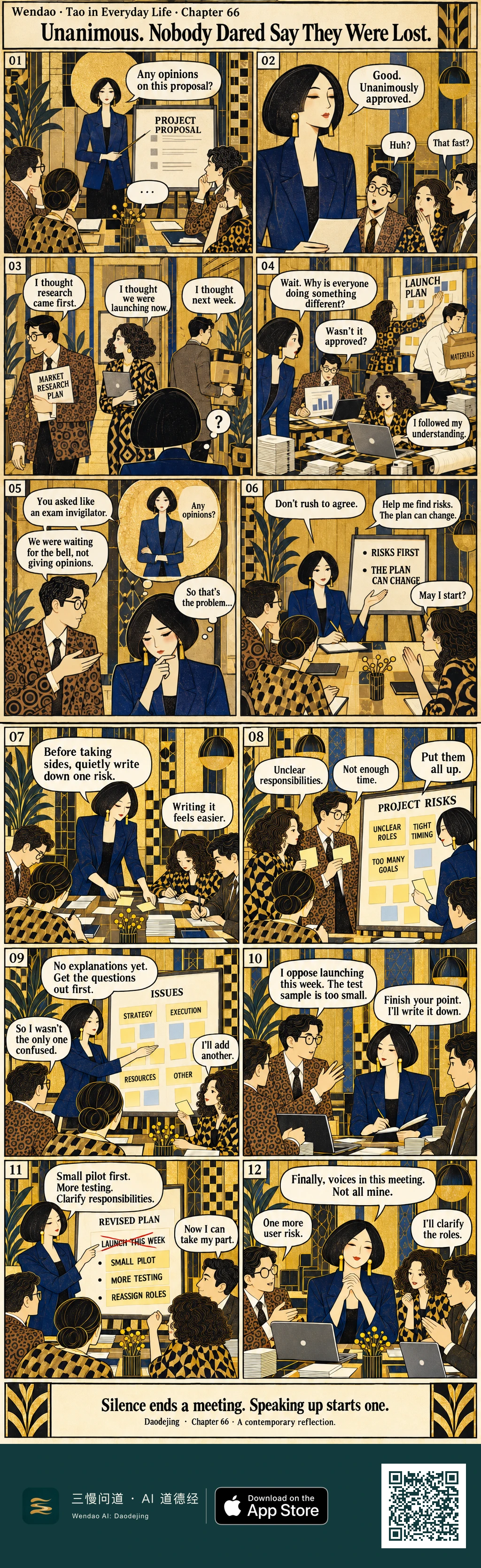 Two-page Vienna Secession-style office comic in gold, black and navy. A bob-haired woman in a blue jacket presents a project proposal to patterned-outfit colleagues who remain silent, then declares it unanimously approved. Their confusion appears when one expects research, another expects an immediate launch and another expects action next week, producing mismatched work, materials and plans. After a glasses-wearing colleague jokes that her questioning felt like an exam, she changes the meeting: everyone quietly writes risks, posts notes about unclear roles, tight timing and too many goals, sorts issues by strategy, execution, resources and other, and openly challenges the launch. The leader records the objections, crosses out "LAUNCH THIS WEEK," replaces it with a small pilot, more testing and reassigned roles, and ends smiling as colleagues continue adding risks and clarifying responsibilities.