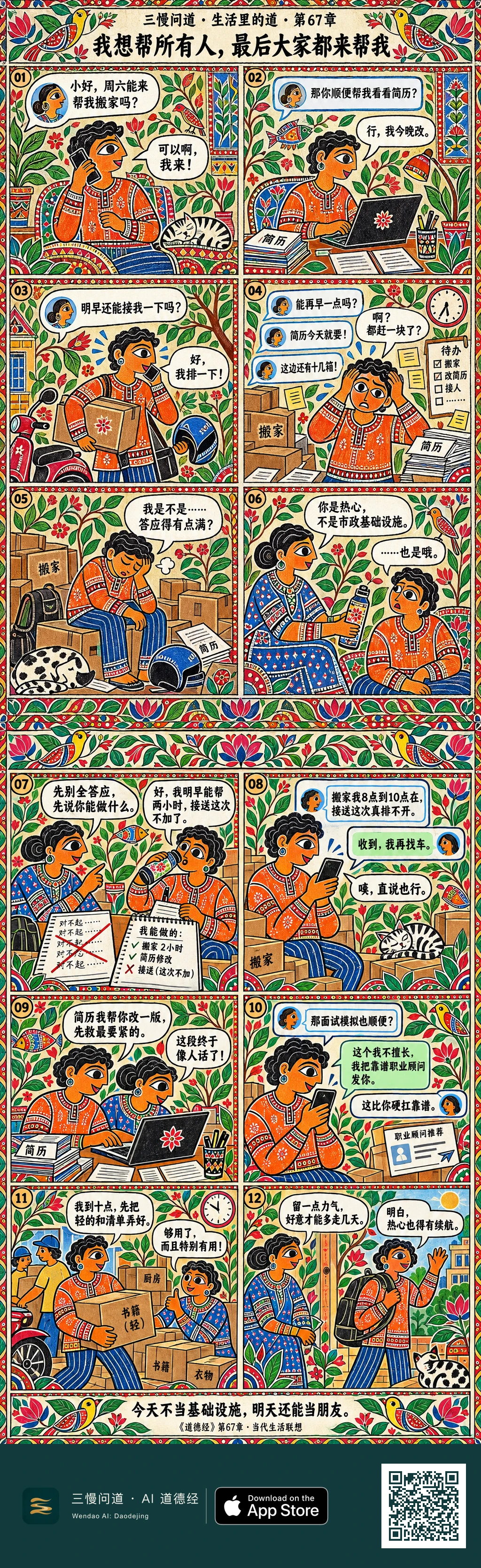 小好连续答应搬家、改简历和接送,累得坐在纸箱上。朋友提醒他别当“市政基础设施”。他开始明确时间与能力,专心改简历、限时搬轻箱,并把不擅长的模拟面试转给职业顾问,最后轻松离开。底部为三慢问道 App Store 标识与本篇 H5 二维码。