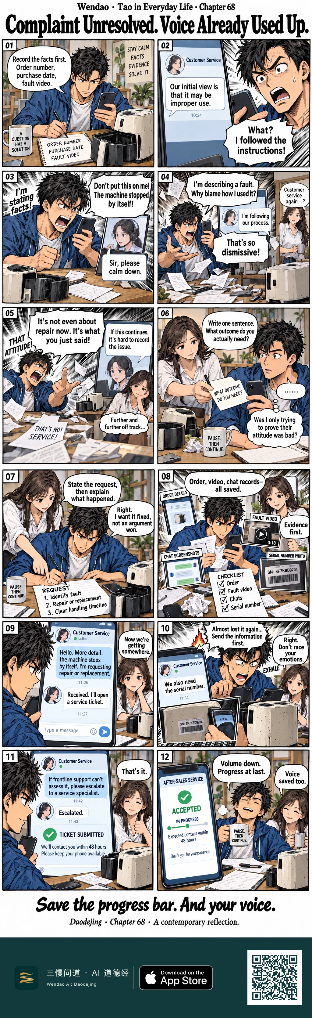 Two-page, twelve-panel English shonen-style comic about a spiky-haired man in a blue jacket trying to resolve a broken air fryer complaint with Customer Service while his long-haired friend in a white blouse helps him refocus. The first page moves from a carefully prepared notebook and evidence to exaggerated shouting, speed lines, scattered papers, and an argument about the service agent's attitude. The friend asks what outcome he actually needs. On the second page, they organize a repair-or-replacement request, order details, a fault video, chat screenshots, and the appliance serial number. The man nearly loses his temper again when more information is requested, exhales, submits it, and asks for escalation. The story ends with a service ticket accepted and marked in progress with expected contact within 48 hours; the appliance is not shown as repaired. The man relaxes with a "PAUSE. THEN CONTINUE." mug as he says, "Volume down. Progress at last," and the friend replies, "Voice saved too."