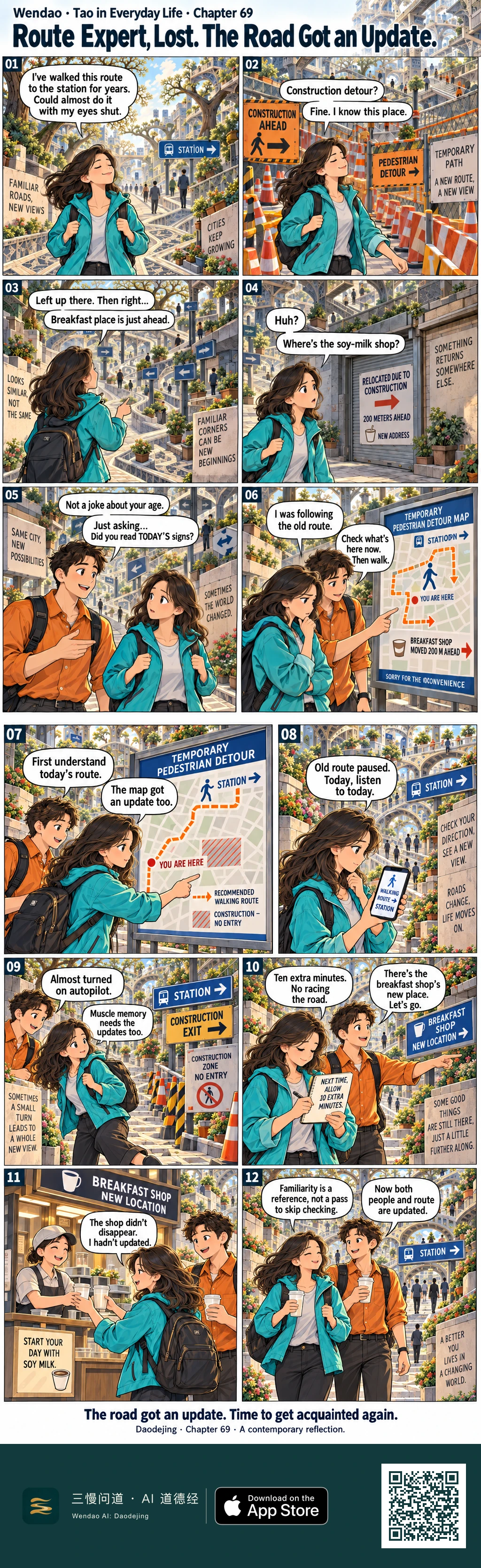 Two English comic pages with twelve numbered panels set in a richly detailed recursive city of branching stairs, arches, terraces, flowers, and pedestrian paths. A long-brown-haired woman in a teal jacket and backpack confidently follows her familiar route to the station, encounters construction detours and a relocated soy-milk shop, and is joined by a young man in an orange shirt with a backpack. They study a temporary pedestrian-detour map, she checks walking directions on her phone, nearly turns down the old route by habit, writes a ten-minute buffer in a notebook, and follows a sign to the breakfast shop's new location. After buying soy milk, the pair walk toward the station carrying cups, ending with the lines about familiarity being a reference rather than permission to skip checking and about both the people and the route being updated.