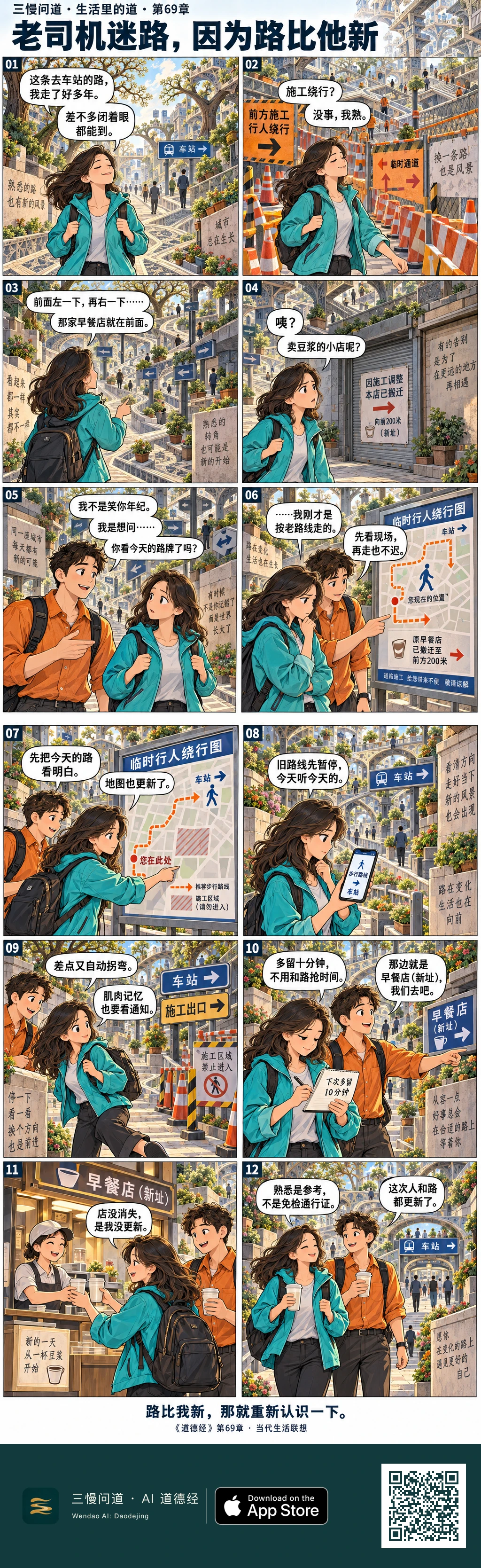 女子凭熟路经验去车站,却因施工和店铺搬迁迷路。朋友提醒她看现场,她改查绕行图、步行导航并留出时间,最后买到豆浆,顺利走向车站。底部为三慢问道 App Store 标识与本篇 H5 二维码。
