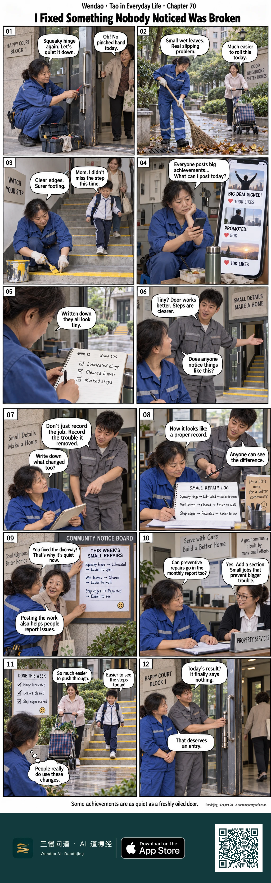 A twelve-panel realistic photographic comic follows a middle-aged woman maintenance worker in blue overalls around an apartment building. She lubricates a door hinge beside an open toolbox, clears wet leaves from a walkway, repaints yellow stair edges, compares her small work-log entries with flashy achievement posts on her phone, and wonders whether anyone notices such repairs. A young coworker in a gray uniform suggests recording not only each job but the trouble it removed. She rewrites her notebook as a small repair log, posts the results on a community notice board, and asks a property manager to include preventive repairs in the monthly report. Residents then recognize the quieter doorway, easier cart route, and clearer steps. In the final panel, the coworker tests the repaired door and says, "Today's result? It finally says nothing," and the worker replies, "That deserves an entry." The footer reads, "Some achievements are as quiet as a freshly oiled door."