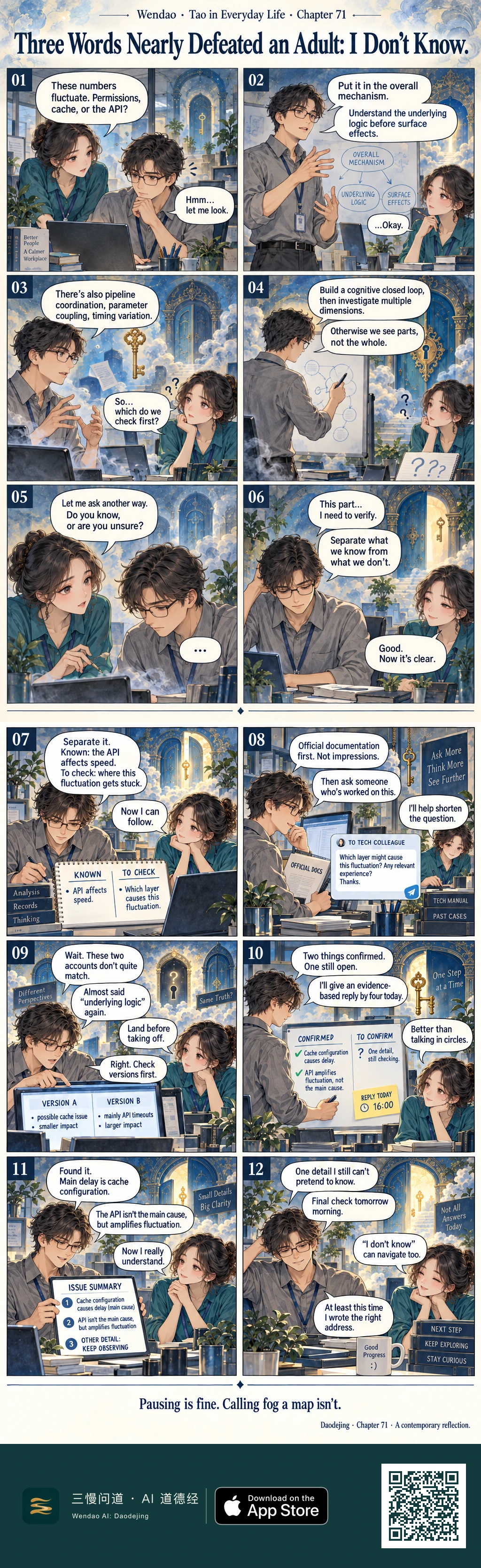 Two vertically arranged English comic pages, each with six numbered panels, show a tousled black-haired man in black glasses and a gray button-up shirt working with a woman in a teal blouse and dark bun inside a modern office transformed by blue-and-gold symbolic doors, keys, clouds, books, plants, laptops, and whiteboards. Panels 01–06 move from a question about fluctuating data through increasingly abstract language about mechanisms and logic to the woman's direct question, "Do you know, or are you unsure?" The man pauses, admits that one part needs verification, and separates known from unknown. Panels 07–12 show a notebook divided into "KNOWN" and "TO CHECK," official documents and technical manuals, a concise message to a tech colleague, two conflicting versions on a laptop, a board separating confirmed findings from one unresolved detail, and an issue summary identifying cache configuration as the main delay while the API only amplifies fluctuation. The final panel leaves one detail for a check the next morning; the woman says, ""I don't know" can navigate too," the man jokes that this time he wrote the right address, and nearby props read "Not All Answers Today," "NEXT STEP," "KEEP EXPLORING," "STAY CURIOUS," and "Good Progress :)." The page ends with the footer, "Pausing is fine. Calling fog a map isn't."