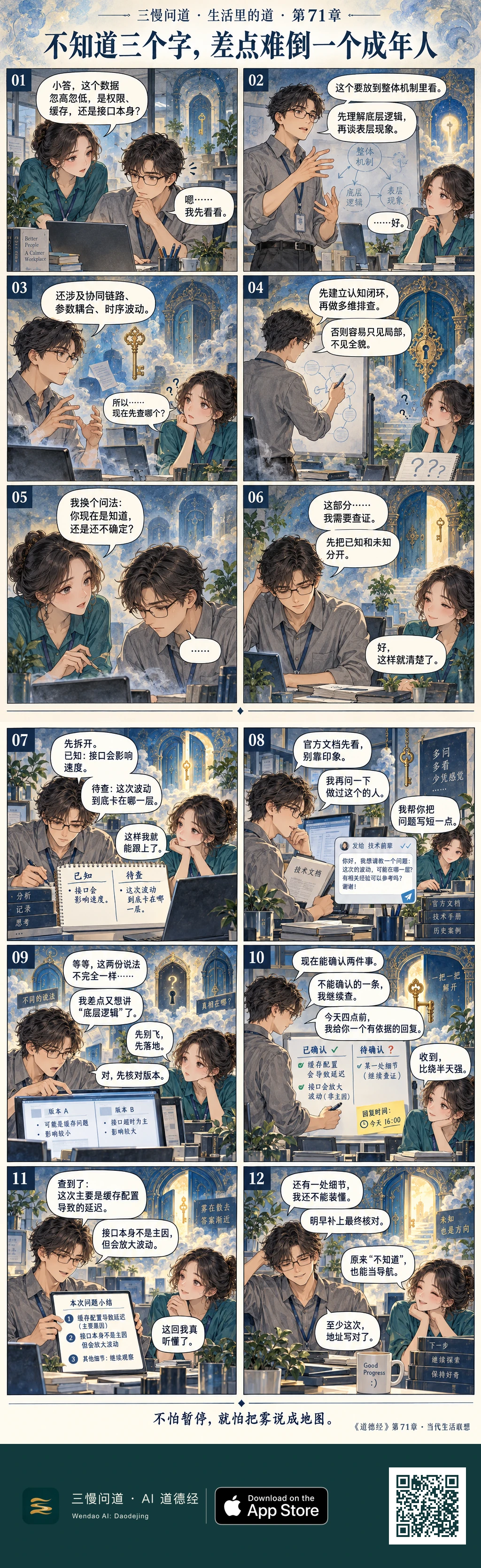 同事询问数据波动,小答因怕显得不专业而堆叠术语,越讲越糊涂。后来他承认需要查证,分开已知与未知,查文档、问同事、核对版本,最终给出有限而有依据的回答,并坦白仍待确认之处。底部为三慢问道 App Store 标识与本篇 H5 二维码。