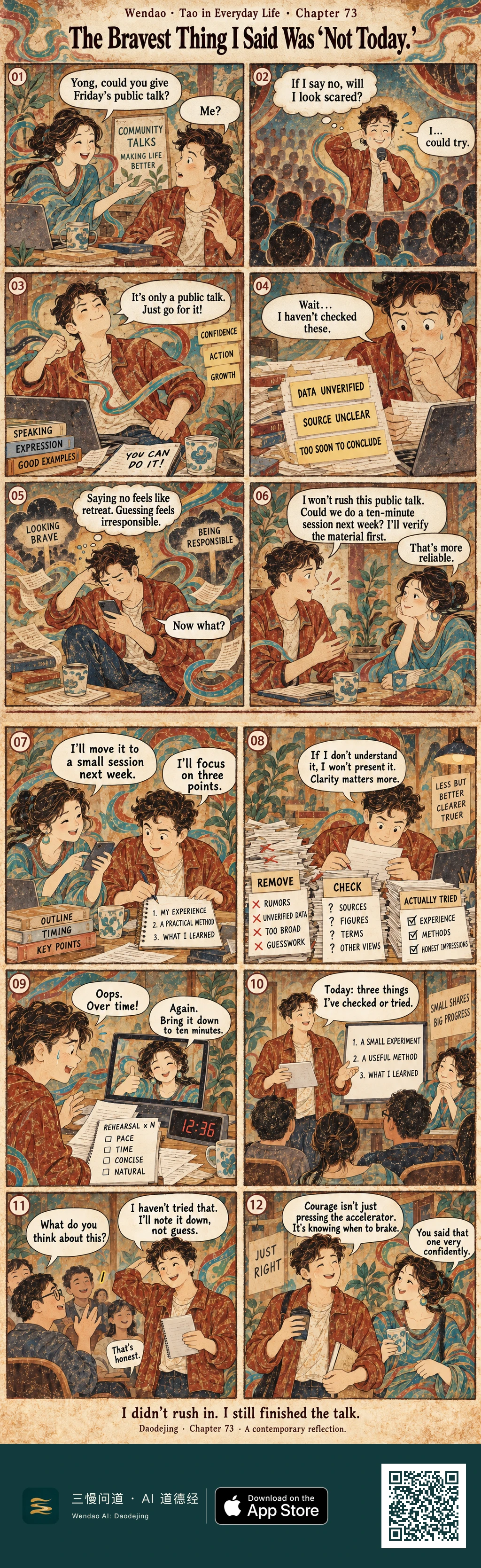 Two-page Dunhuang-mural-style comic in weathered ochre, teal, and gold. Yong, a curly-haired young man in a red jacket, is invited by his dark-haired friend in a teal dress to give a public talk. He first imagines himself nervously facing a huge audience, then tries to force confidence with speaking books and motivational notes. After discovering papers marked DATA UNVERIFIED, SOURCE UNCLEAR, and TOO SOON TO CONCLUDE, he decides not to rush the talk and proposes a verified ten-minute session instead. On the second page, he and his friend reduce the material to three points, remove rumors and guesswork, check sources and figures, rehearse against a 12:36 timer, and finally hold a small session. Yong presents only things he has checked or tried and openly tells an audience member that he will not guess about something he has not tried. The comic ends with Yong holding a cup and saying that courage includes knowing when to brake, while his smiling friend jokes that he said that very confidently. The closing caption reads: I didn’t rush in. I still finished the talk.