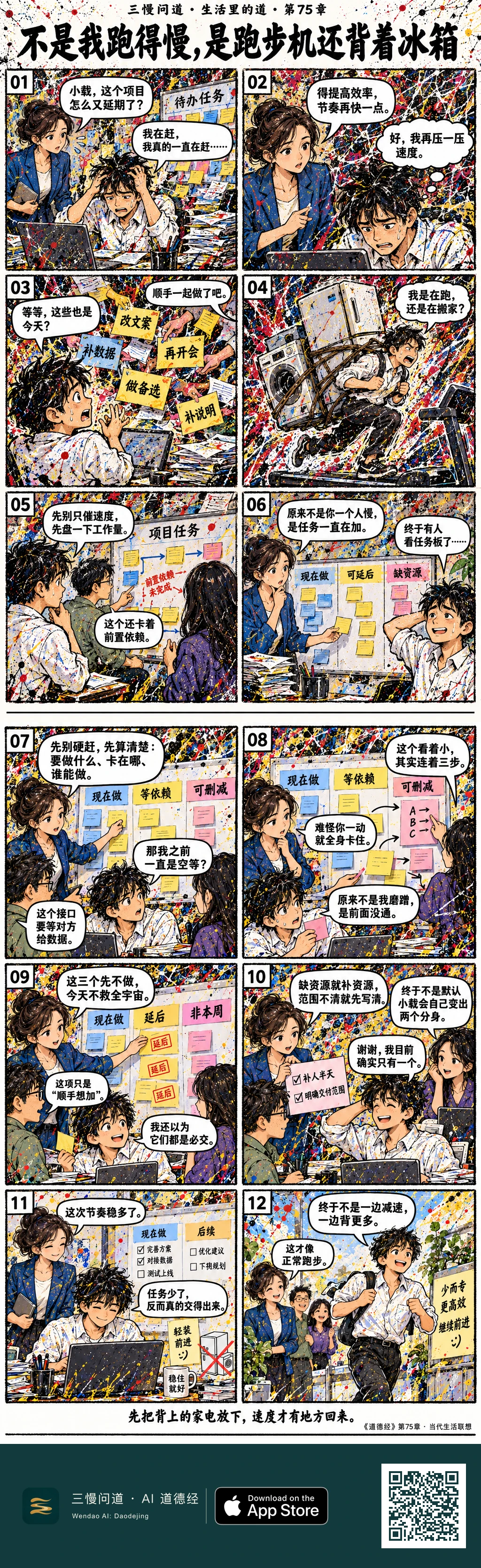 小载项目屡次延期,被要求提速,却不断接到新任务,甚至想象自己背着冰箱和洗衣机跑步。团队盘点工作量、依赖与资源,删减低优先事项、明确范围,最终任务变少,交付反而更稳。底部为三慢问道 App Store 标识与本篇 H5 二维码。