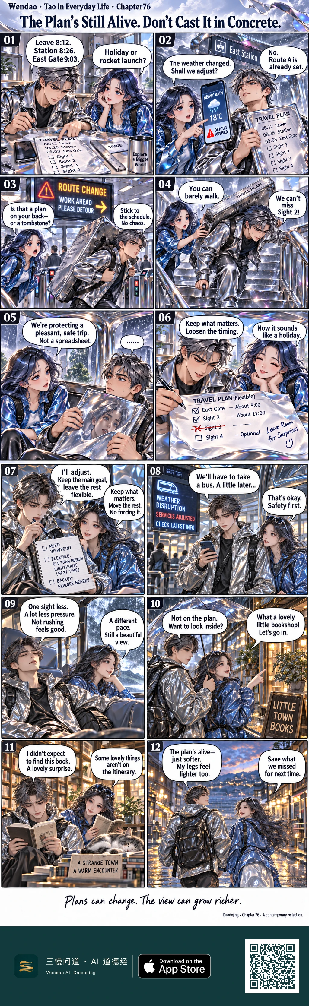 Two-page liquid-metal comic featuring a silver-haired male traveler in a reflective chrome jacket and a long-dark-haired woman in a blue metallic jacket. Panels 01–06 begin with an extremely precise travel schedule, a heavy-rain warning, a station route-change notice, and the man literally carrying a huge metallic travel plan like a tombstone before the pair rewrite it into a flexible schedule with approximate times, a crossed-out sight, an optional stop, and the note "Leave Room for Surprises." Panels 07–12 show a notebook dividing plans into must, flexible, and backup choices; a weather-disruption notice leading them to take a bus; the relaxed pair enjoying the view; an unplanned stop at "LITTLE TOWN BOOKS"; a warm bookstore scene where they read beside a sleeping cat and a sign reading "A STRANGE TOWN / A WARM ENCOUNTER"; and a final twilight walk through the town as they decide to save what they missed for next time. The closing text reads, "Plans can change. The view can grow richer."