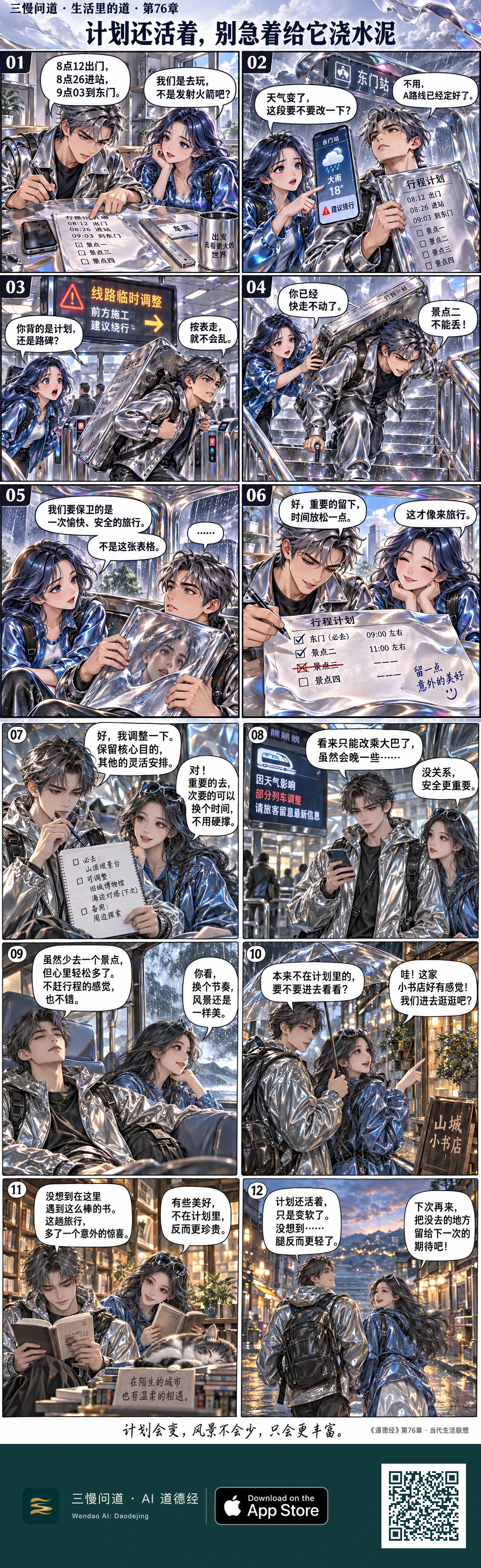 小硬按精确行程冒雨出游,面对天气和交通变化仍死守计划,甚至像背着沉重金属板。朋友提醒旅行不是保卫表格,他于是保留重点、调整路线并放弃一处景点。两人改乘大巴,意外发现小书店,在书堆和睡猫旁度过轻松片刻。底部为三慢问道 App Store 标识与本篇 H5 二维码。
