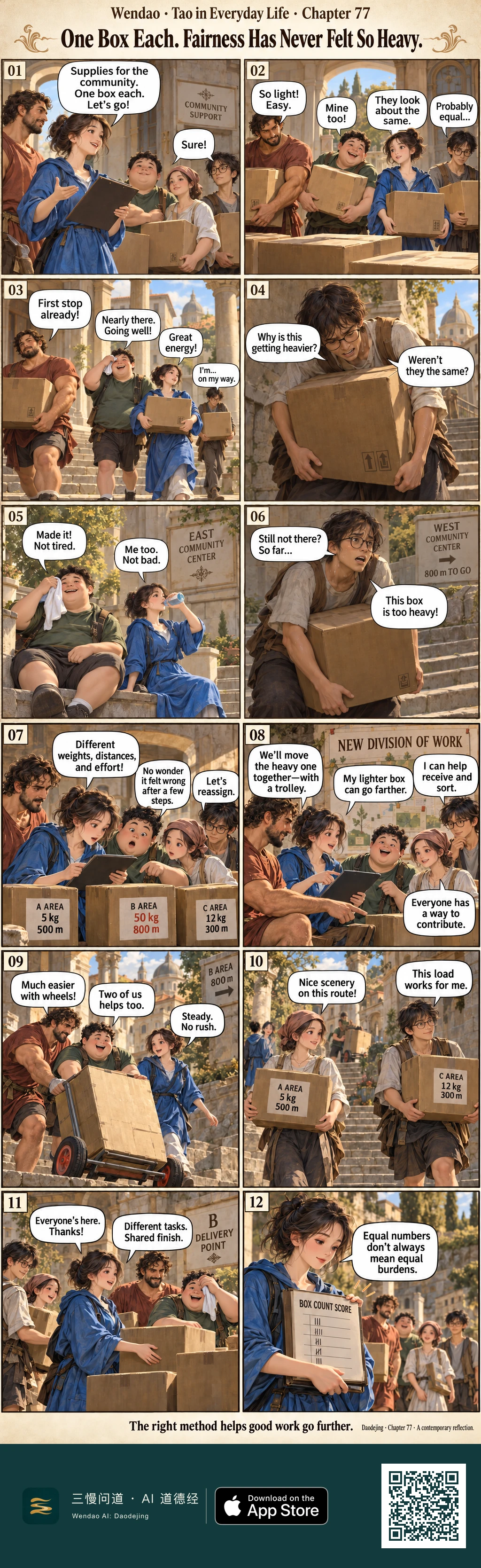 A two-page Renaissance-inspired comic in warm sunlight follows five adult community volunteers through classical stone arches and stairways. On the first page, a blue-clad brown-haired organizer assigns one cardboard box to each volunteer. A muscular bearded man in a rust shirt, a stocky man in green, a slim man with glasses, and a headscarf-wearing woman set off, but the glasses-wearing volunteer struggles badly while others reach their destinations with ease. On the second page, labels reveal different weights and distances: 5 kg for 500 m, 50 kg for 800 m, and 12 kg for 300 m. The group reorganizes the work, using a trolley and two people for the heavy box while assigning lighter or shorter-route tasks elsewhere. They reunite at the delivery point, and the organizer holds a BOX COUNT SCORE board while saying that equal numbers do not always mean equal burdens.