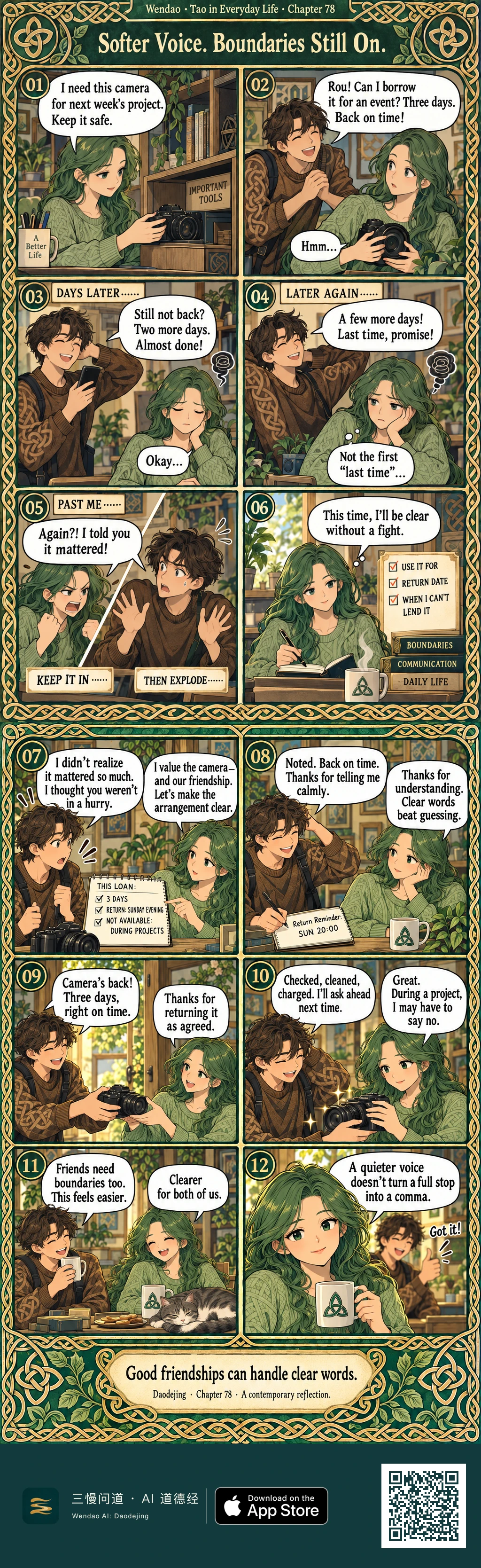 Two-page Celtic-art comic framed by ornate green-and-gold knots. Rou, a green-haired woman in a green sweater, needs her black camera for an upcoming project but lends it to her brown-haired male friend after he promises to return it in three days. He repeatedly asks for extensions, leaving Rou visibly frustrated. A flashback contrasts keeping everything inside with suddenly exploding. Rou then writes a checklist covering use, return date, and times when the camera cannot be lent. On the second page she and her friend agree to a three-day loan with a Sunday-evening return and no borrowing during projects. He writes a SUN 20:00 reminder, returns the camera on time, and says he checked, cleaned, and charged it. They later relax together over drinks beside a sleeping cat. In the final panel Rou holds a mug and says, "A quieter voice doesn't turn a full stop into a comma," while her friend gives a cheerful "Got it!" The closing caption reads, "Good friendships can handle clear words."