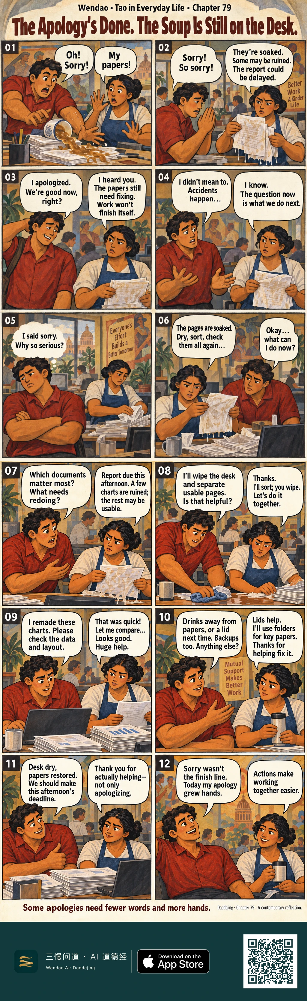 A twelve-panel Mexican Muralism-style workplace comic in warm ochre tones follows a black-haired man in a red shirt and his dark-haired coworker in a white shirt and blue apron after a drink spills across her report. He first apologizes repeatedly and becomes defensive while she cleans soaked papers, then asks what he can do, wipes the desk, separates usable pages, rebuilds charts on a laptop, and discusses safer drink and document habits with her. The story ends with restored paper stacks, a lidded cup, both coworkers smiling, and the man joking that his apology grew hands.