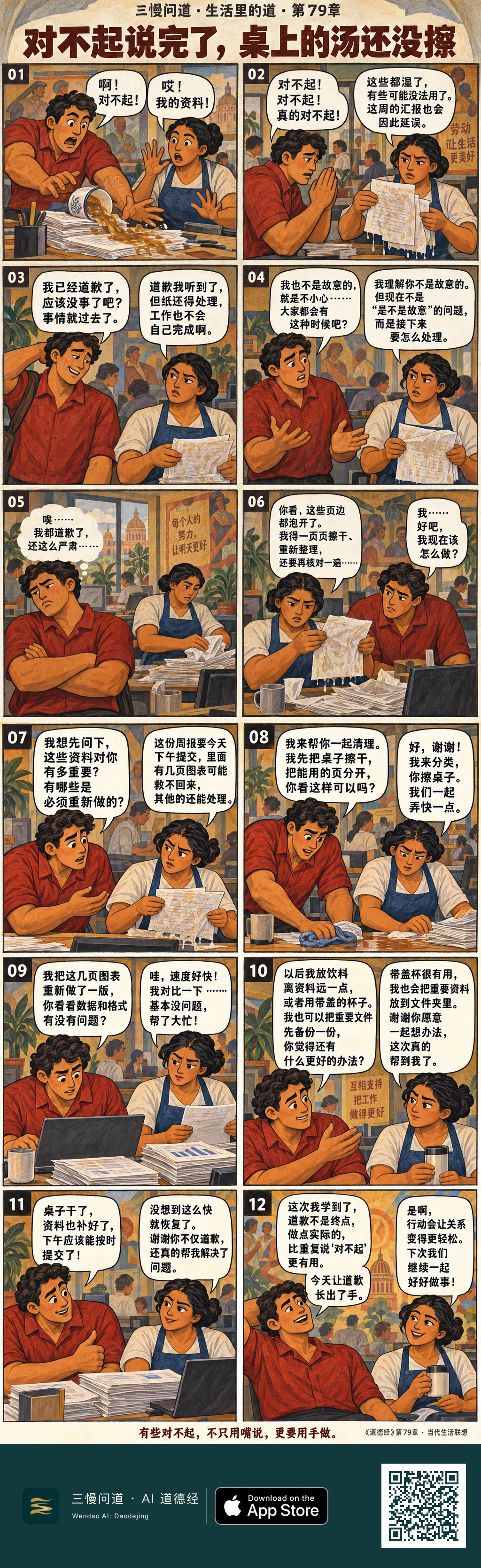 小歉打翻汤弄湿同事周报,连声道歉后却想翻篇。看到同事仍在清理,他改为询问影响、擦桌、补做图表并商量预防办法。资料恢复、桌面变干,他笑说:“今天让道歉长出了手。”底部为三慢问道 App Store 标识与本篇 H5 二维码。