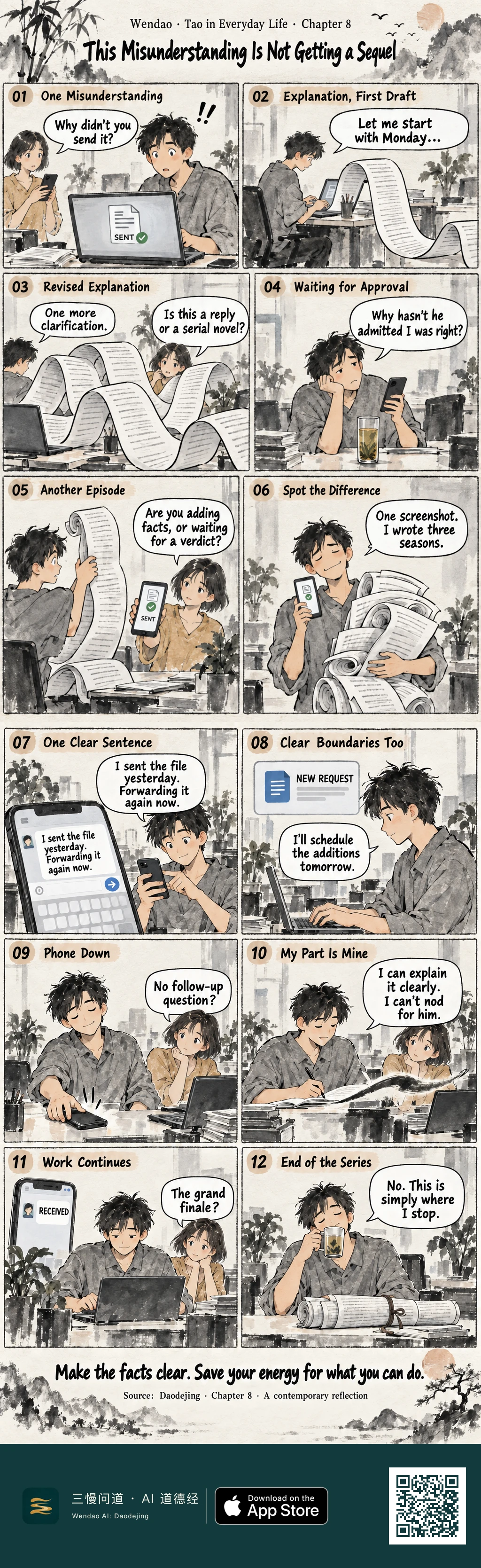 A twelve-panel Chinese ink-wash-style office comic on warm paper. A messy-haired man in a gray shirt responds to a short-haired woman in an ochre shirt after a file is questioned despite a visible "SENT" receipt. His explanations expand into absurd curling paper scrolls until she compares them to a serial novel and asks whether he wants to add facts or wait for a verdict. On the second page he sends one concise message, schedules a new request for tomorrow, puts down his phone, continues working after a simple "RECEIVED," and finally drinks tea beside the enormous explanation roll tied shut, saying, "No. This is simply where I stop."