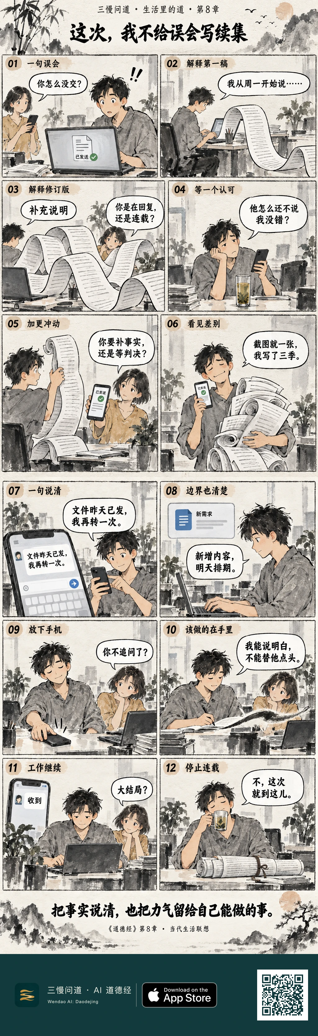十二格水墨漫画:阿川为文件误会写出三卷解释,小宁用一张发送凭据提醒他分清事实与认可。他简洁回复、说明新增工作排期,收起解释长卷,继续生活。底部为三慢问道 App Store 标识与本篇 H5 二维码。