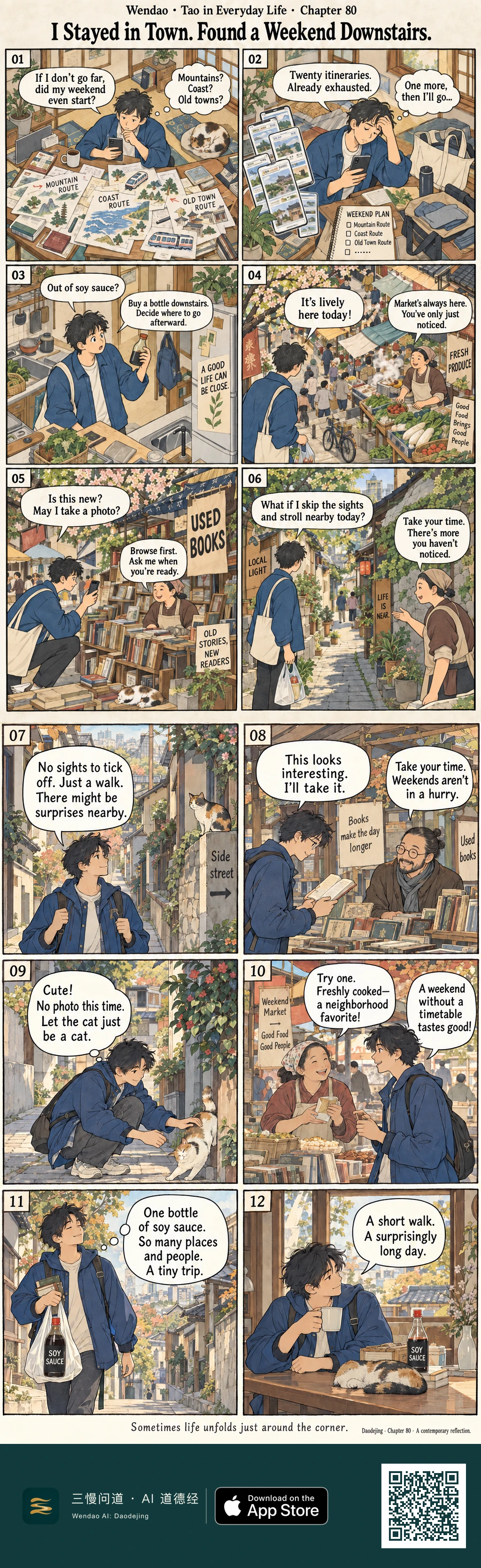 A twelve-panel warm Yamato-e-inspired neighborhood comic follows a dark-haired man in a blue shirt from an overplanned weekend at home into a nearby market, bookstalls, side streets, food stalls, and encounters with calico cats. An empty soy sauce bottle gets him outside; he abandons sightseeing plans, buys a book, chooses not to photograph a cat, tastes fresh food, returns with soy sauce and books, and ends by a window beside a sleeping cat, reflecting that a short walk made for a surprisingly long day.