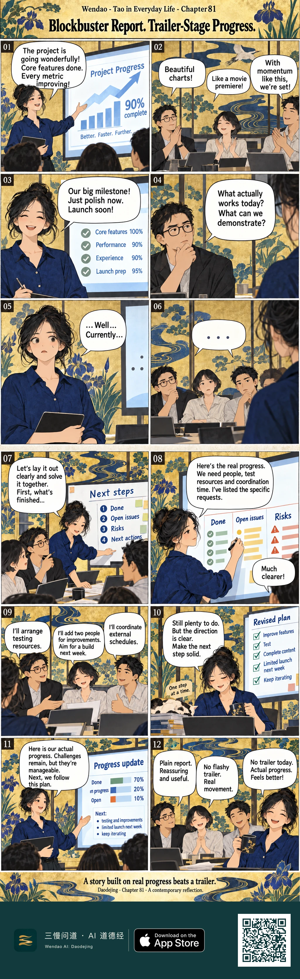 A twelve-panel Rinpa-inspired office comic on a gold-leaf ground with indigo irises, blue streams and cranes. A dark-haired woman with a loose bun and indigo blouse begins by presenting a dramatic 90% Project Progress chart while a glasses man in a dark jacket, a short-haired woman in cream and a man in white applaud and compare the meeting to a movie premiere. The glasses man then asks what actually works and what can be demonstrated, leaving the presenter hesitating and the room silent. She resets the discussion with a Next steps board showing Done, Open issues, Risks and Next actions, then openly requests people, testing resources and coordination time. The three colleagues volunteer specific help. Later, the presenter works at a laptop beside a sleeping black-and-white cat and a Revised plan board marked Improve features, Test, Complete content, Limited launch next week and Keep iterating, with a small caption saying One step at a time. In the next meeting she shows a plain Progress update of Done 70%, In progress 20% and Open 10%. The final panel shows the four colleagues smiling together as they praise the useful plain report, and the presenter, holding a mug, jokes that there is no trailer today, only actual progress.