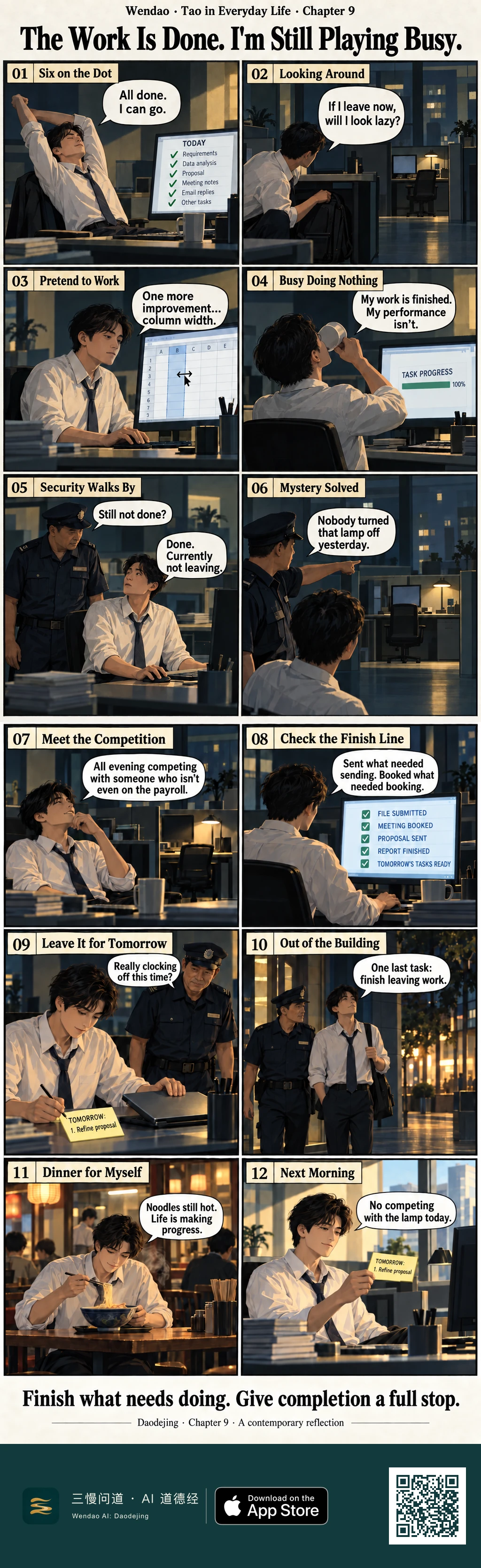Two-page, twelve-panel cinematic office comic. A young man in a white shirt and dark tie finishes every item on his checklist but hesitates to leave because a distant workstation is still illuminated. He pretends to work by adjusting a spreadsheet column and remains at his desk even with task progress at 100 percent. An older security guard discovers him lingering and finally points out that the supposedly tireless rival is only an empty desk with a lamp that was left on. The man jokes about competing all evening with someone not on the payroll, verifies that his files, meeting, proposal, report and next-day tasks are complete, writes a yellow note saying "TOMORROW: 1. Refine proposal," and leaves the building with the guard. He eats a steaming bowl of noodles at a warm restaurant. The final panel takes place in genuine morning daylight, where he holds the same yellow note and says, "No competing with the lamp today."