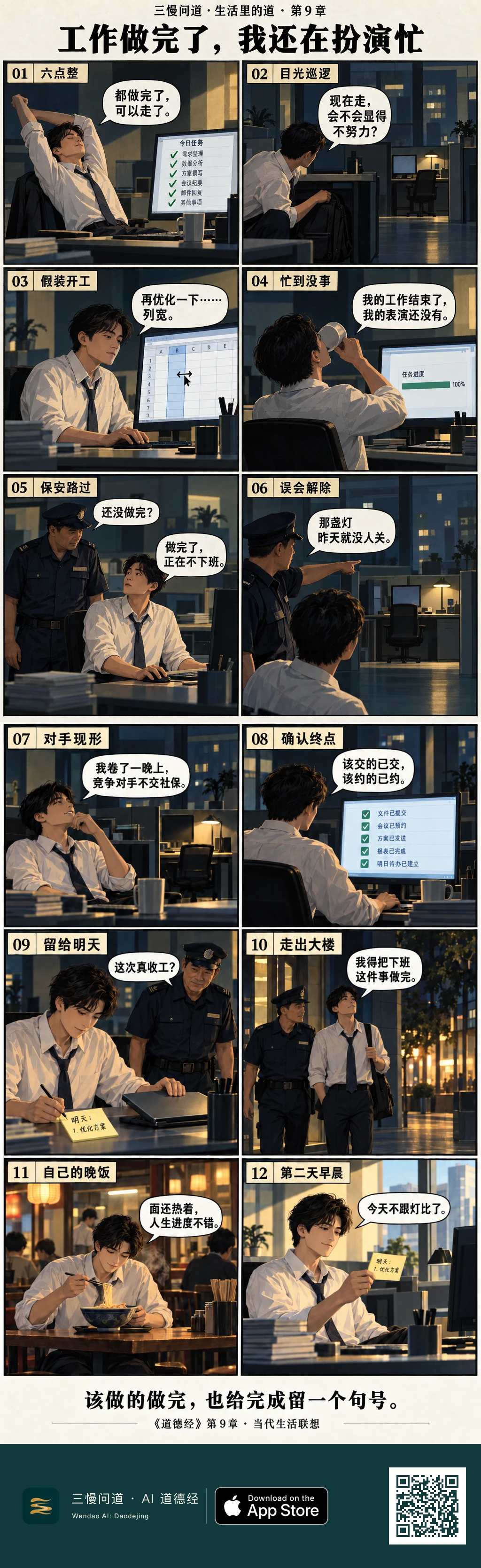十二格漫画:林工完成全部工作后,因隔壁亮灯而假装加班,拖表格列宽、守着100%进度。保安老周发现那只是无人关闭的台灯。林工确认事项、留好明日便签后离开吃热面;次晨精神充足回到办公室,不再与台灯较劲。底部为三慢问道 App Store 标识与本篇 H5 二维码。